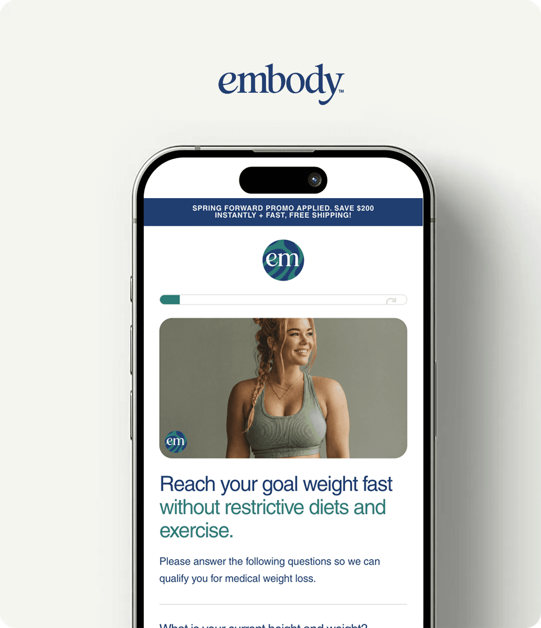 iPhone with intake form screen, Embody logo above